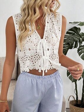 White Crocheted Floral Tie-Front Vest